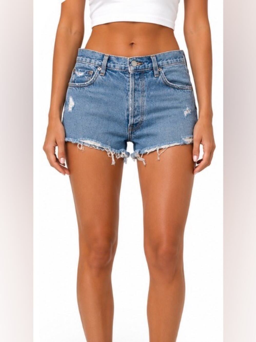 AGOLDE Button Fly Distressed Denim Cutoff Shorts Size 28 High Rise Raw Hem